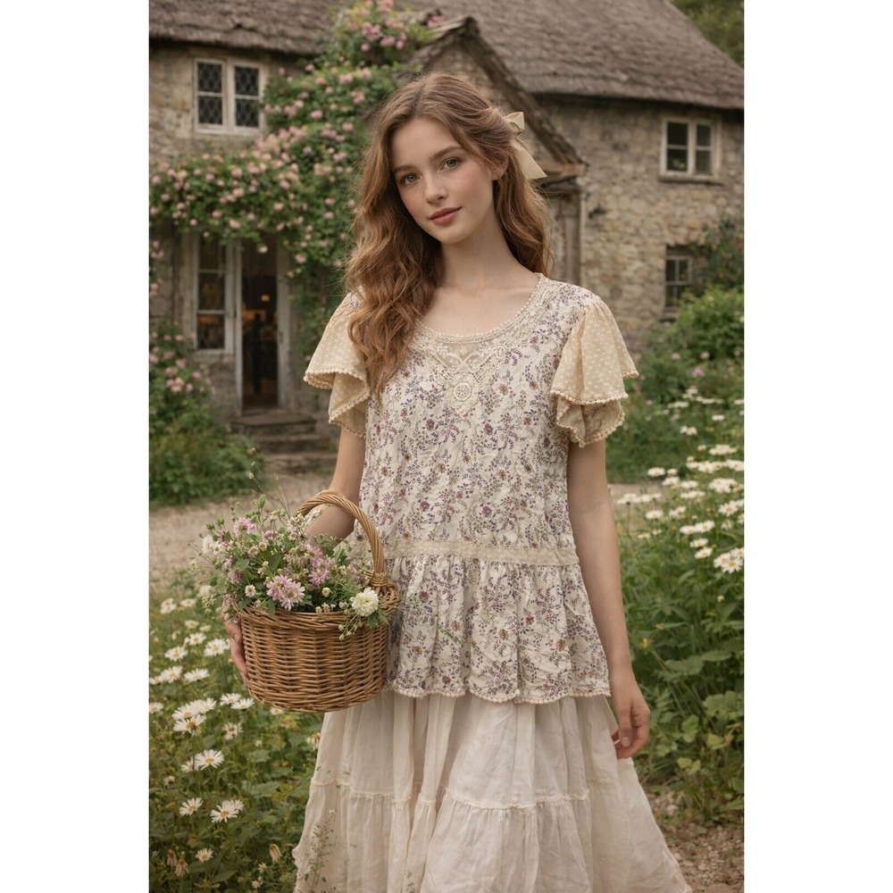 Sacred Threads Tunic Top Women XL Cream Good Floral Lace Boho Flutter Sleeve